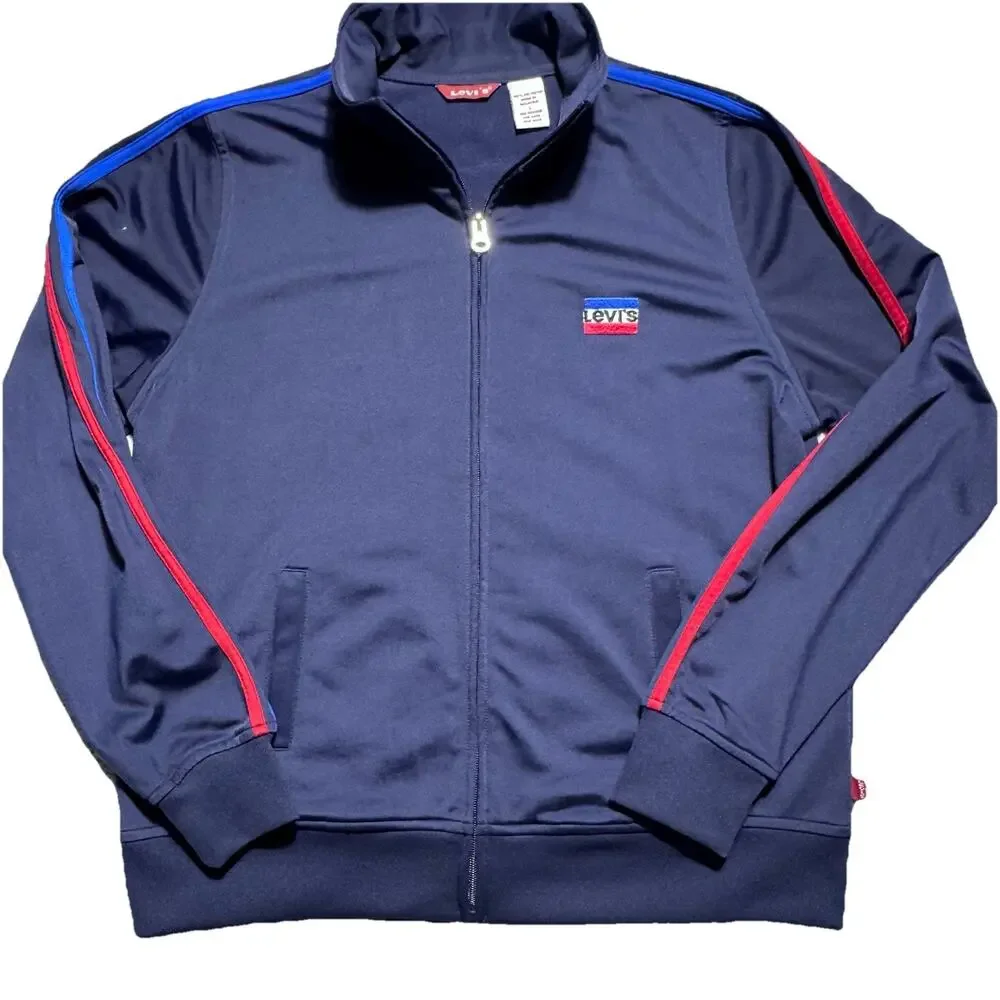 Levi's Navy Blue Full Zip Track Jacket Red Blue Striped Sleeves Men's Sz L VTG